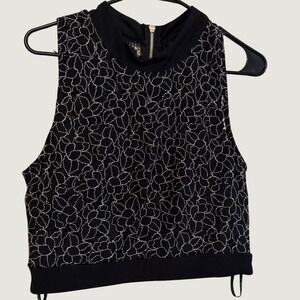 Black Silver Floral Lace Crop Top Mock Neck Size M Zipper